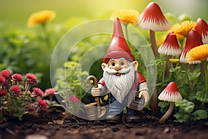 cute adorable little fairy ish fantasy garden gnome near gardening flowers background