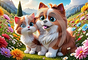 Cute and adorable little fluffy cat and dog on meadow. Generative AI