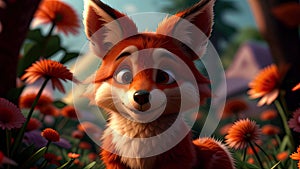 Cute and adorable little fox sitting on a meadow in flowers. Generative AI