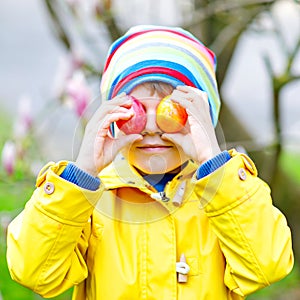 Cute adorable little kid boy making an egg hunt on Easter. Happy child searching and finding colorful eggs in domestic