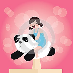 Cute adorable little kids girls riding on top of toys panda happy fun smiling