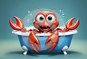 Cute and adorable little lobster taking bath in bathtub. Generative AI