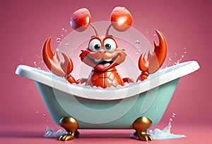 Cute and adorable little lobster taking bath in bathtub. Generative AI