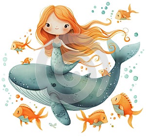 Cute adorable little mermaid on a big blue whale with fish swims, Generative AI