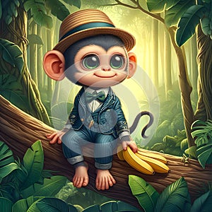 A cute and adorable little monkey in stylish costums and hat with bananas sitting on tree in a forest, animal creatures, tree photo