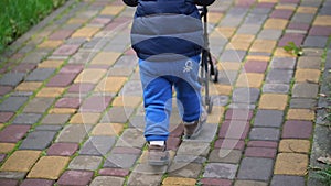 Cute adorable little toddler boy in blue casual clothes having fun running and pushing toy stroller at city park in