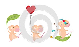 Cute adorable mice in different actions set. Lovely mouse playing with leaf and inflatable balloons cartoon vector