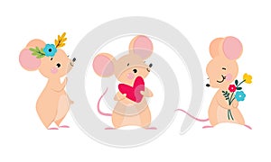 Cute adorable mice in different actions set. Lovely mouse with spring flowers and heart cartoon vector illustration