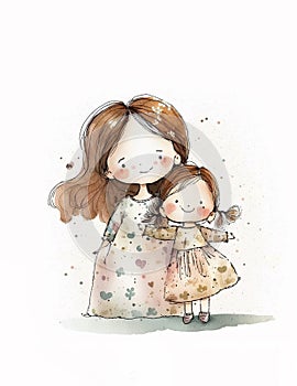 Cute adorable mom and baby white background handrawn watercolor graphic clipart