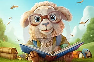 a cute adorable old sheep with cap and glassess and book in nature rendered in the style of children-friendly cartoon animation