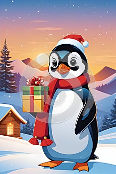 A cute and adorable penguin in holiday costums, holding the christmas gift, mountain, snow filed, house, sunset, cartoon photo