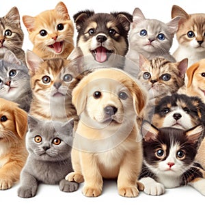 cute and adorable puppies and kittens together on white