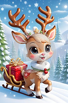 A cute and adorable reindeer with holiday costums, carrying a sleigh with christmas gift, snowing, christmas tree, cartoon style photo