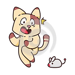 Cute Adorable Scary Brown Cat Because Little Mouse cartoon doodle vector illustration flat design