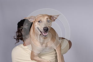 Cute and adorable scene of a man carrying around his spoiled mid-sized adult dog on his shoulders. Isolated on a white background