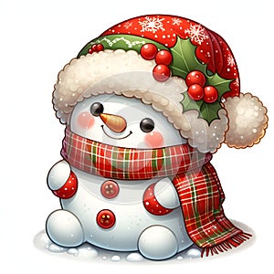 A cute and adorable snowman, in holiday costums, warm christmas, white background, cartoon, printable, fantasy design photo