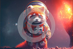 Space tourist explorer Red Panda bear in an orange spacesuit suit photo