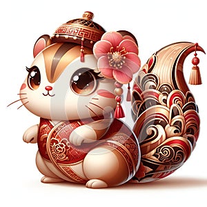 A cute and adorable squirrel, in chinese style with mei hwa flower, cartoon, animal, white background, printable