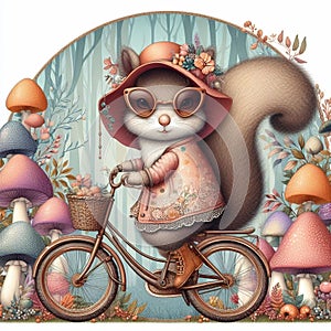 Cute and adorable squirrel riding bicycle in fashionable style, mushrooms and flowers in the background, animal design