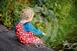 Cute adorable toddler girl sitting on wooden bridge and throwing small stones into a creek. Funny baby having fun with