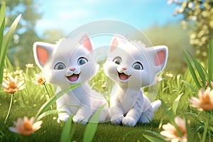 a cute adorable two baby cats resting in grass on a sunny day rendered in the style of children-friendly cartoon animation