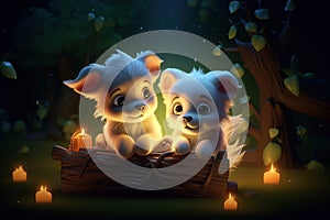 a cute adorable two baby puppies in nature by night with light rendered in the style of children-friendly cartoon animation