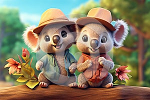 a cute adorable two koalas with coats and caps, in nature rendered in the style of children-friendly cartoon animation fantasy