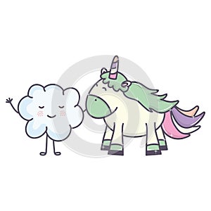 Cute adorable unicorn and cloud kawaii fairy characters