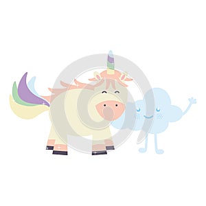 Cute adorable unicorn and clouds kawaii fairy characters