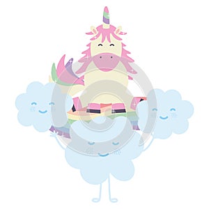 Cute adorable unicorn and clouds kawaii fairy characters