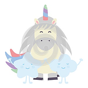 Cute adorable unicorn and clouds kawaii fairy characters