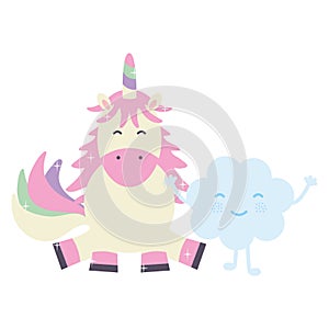 Cute adorable unicorn and clouds kawaii fairy characters