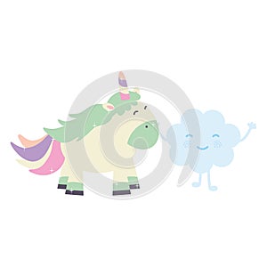 Cute adorable unicorn and clouds kawaii fairy characters