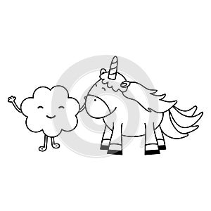 Cute adorable unicorn and clouds kawaii fairy characters