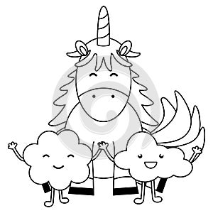 Cute adorable unicorn and clouds kawaii fairy characters