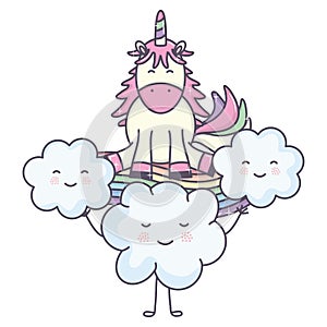 Cute adorable unicorn and clouds kawaii fairy characters