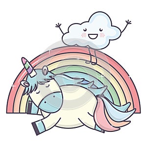 Cute adorable unicorn with clouds and rainbow