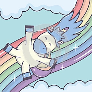 Cute adorable unicorn with clouds and rainbow