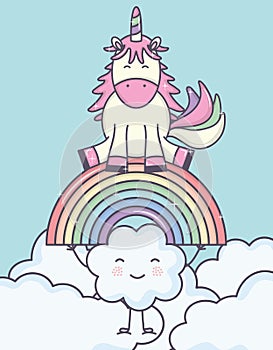 Cute adorable unicorn with clouds and rainbow