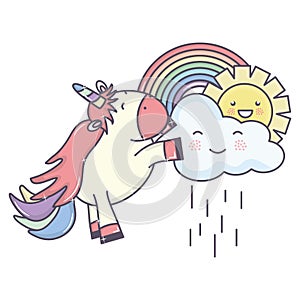 Cute adorable unicorn with clouds rainy and rainbow