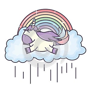 Cute adorable unicorn with clouds rainy and rainbow