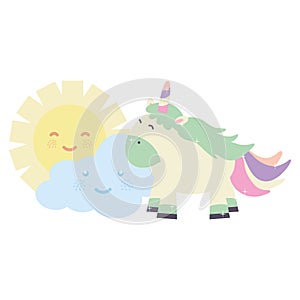 Cute adorable unicorn with clouds and sun kawaii characters