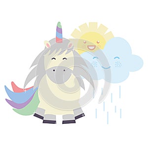 Cute adorable unicorn with clouds and sun kawaii characters