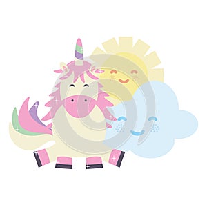 Cute adorable unicorn with clouds and sun kawaii characters