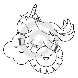 Cute adorable unicorn with clouds and sun kawaii characters