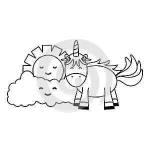 Cute adorable unicorn with clouds and sun kawaii characters