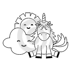 Cute adorable unicorn with clouds and sun kawaii characters