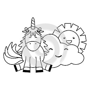 Cute adorable unicorn with clouds and sun kawaii characters