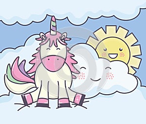 Cute adorable unicorn and clouds with sun kawaii characters