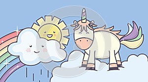 Cute adorable unicorn with clouds sunny and rainbow